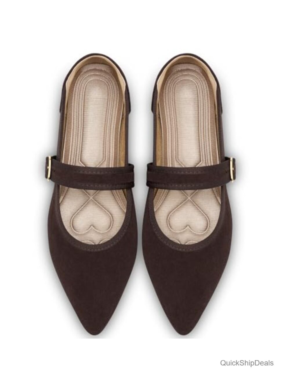 Mary Jane Ballet Flats Pointed Toe Memory Foam Buckle Strap Faux Suede